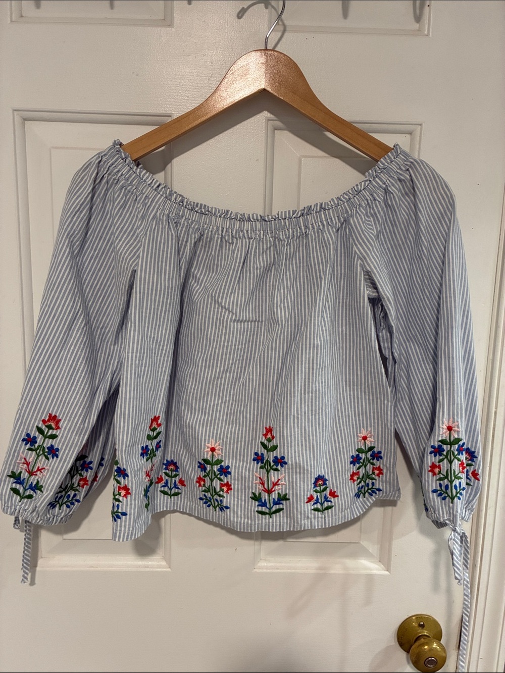 Forever 21 Blue & White Striped Off-Shoulder Blouse with Floral Embroidery